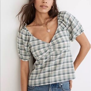 Madewell Plaid Puff-Sleeve ruched bodice top